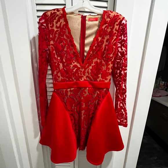 Banjul Dresses & Skirts - NWOT Low Cut Red Lace Long Sleeve Dress With Nude Lining HOT HOT HOT